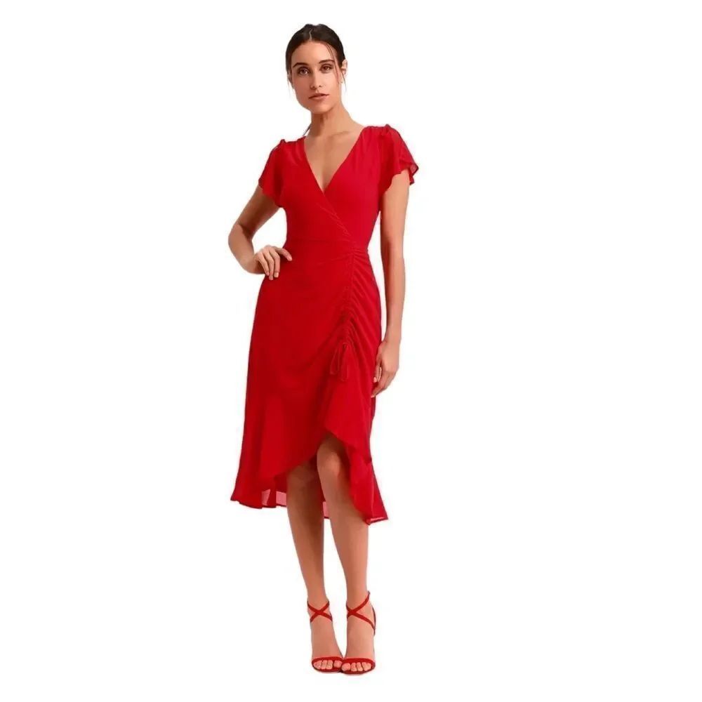 NWT Lulu’s Outstanding Red Ruched High-Low Midi Dress size S